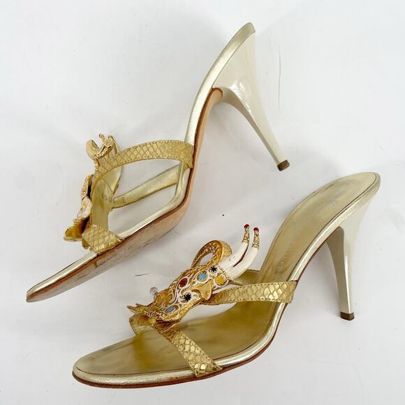 Giuseppe Zanotti Gold Crystal Embellished Elephant Metallic Heel Sandals IT 39 - Picture 3 of 13